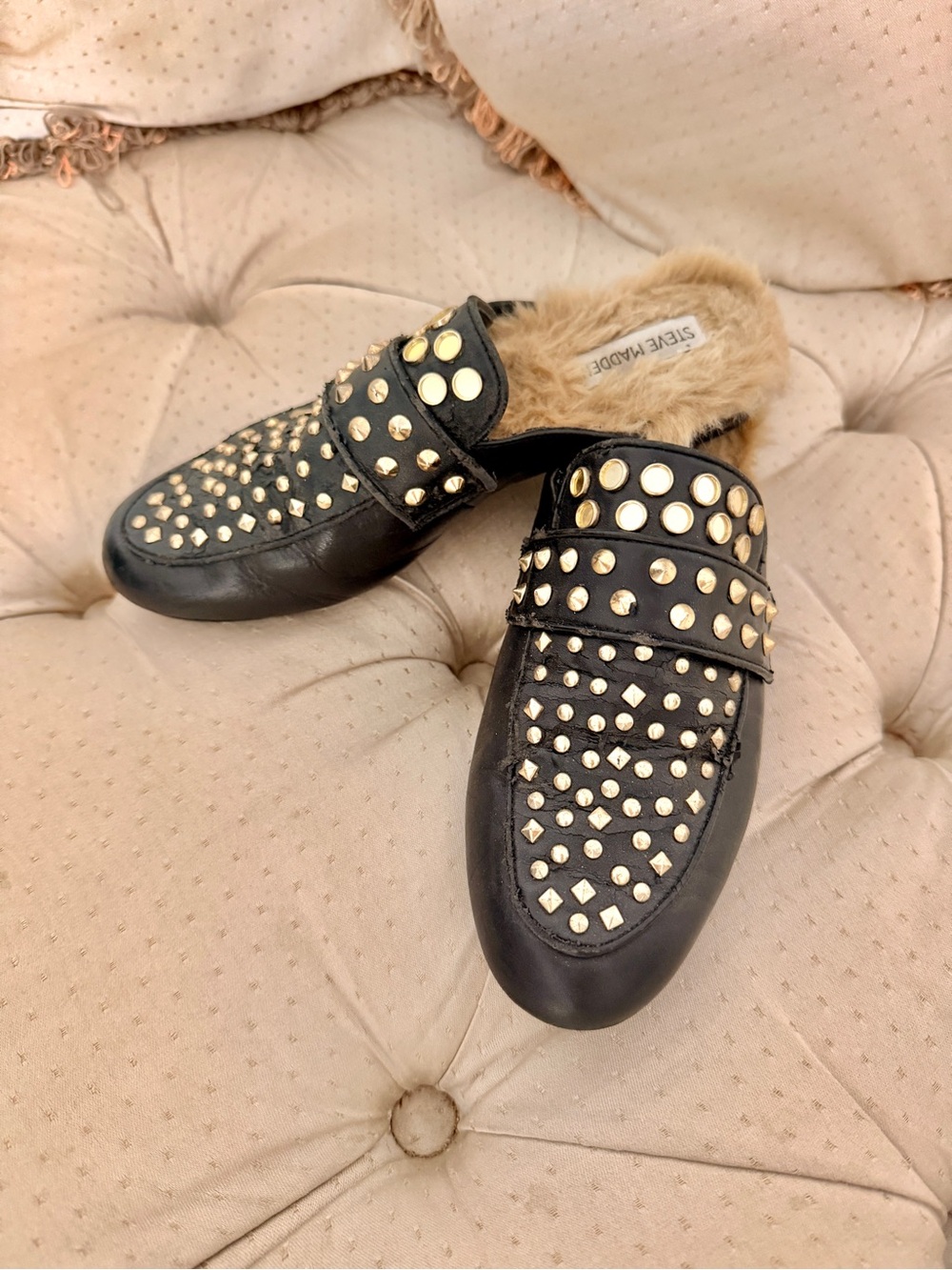 Steve Madden Black Studded Fur-Lined Slip-On Mules